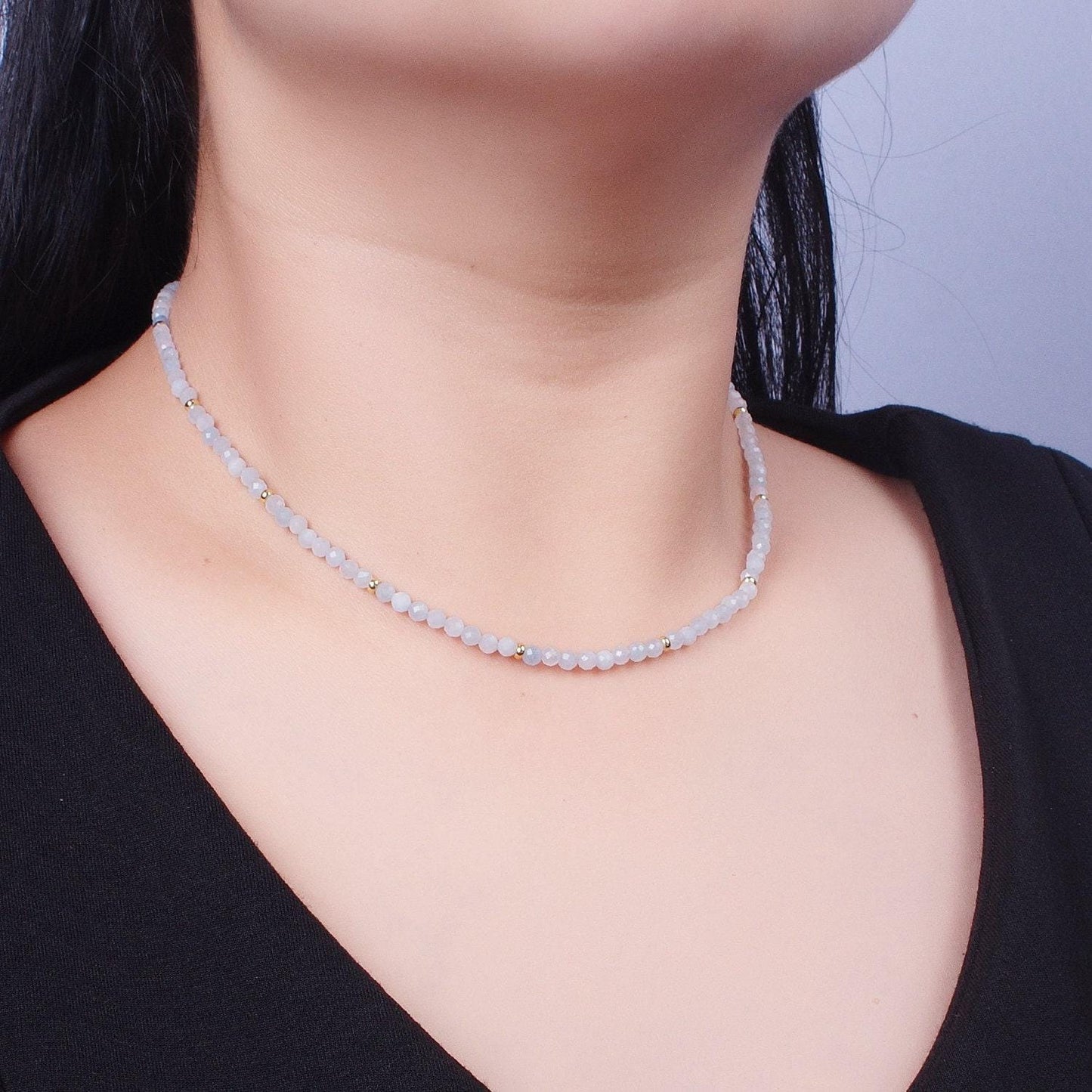 3.3mm blue moonstone & yellow citrine multifaceted rondelle stones w. gold crimp spacer 15.5"+2.0" ext. handmade necklace | wa-1187, wa-1189