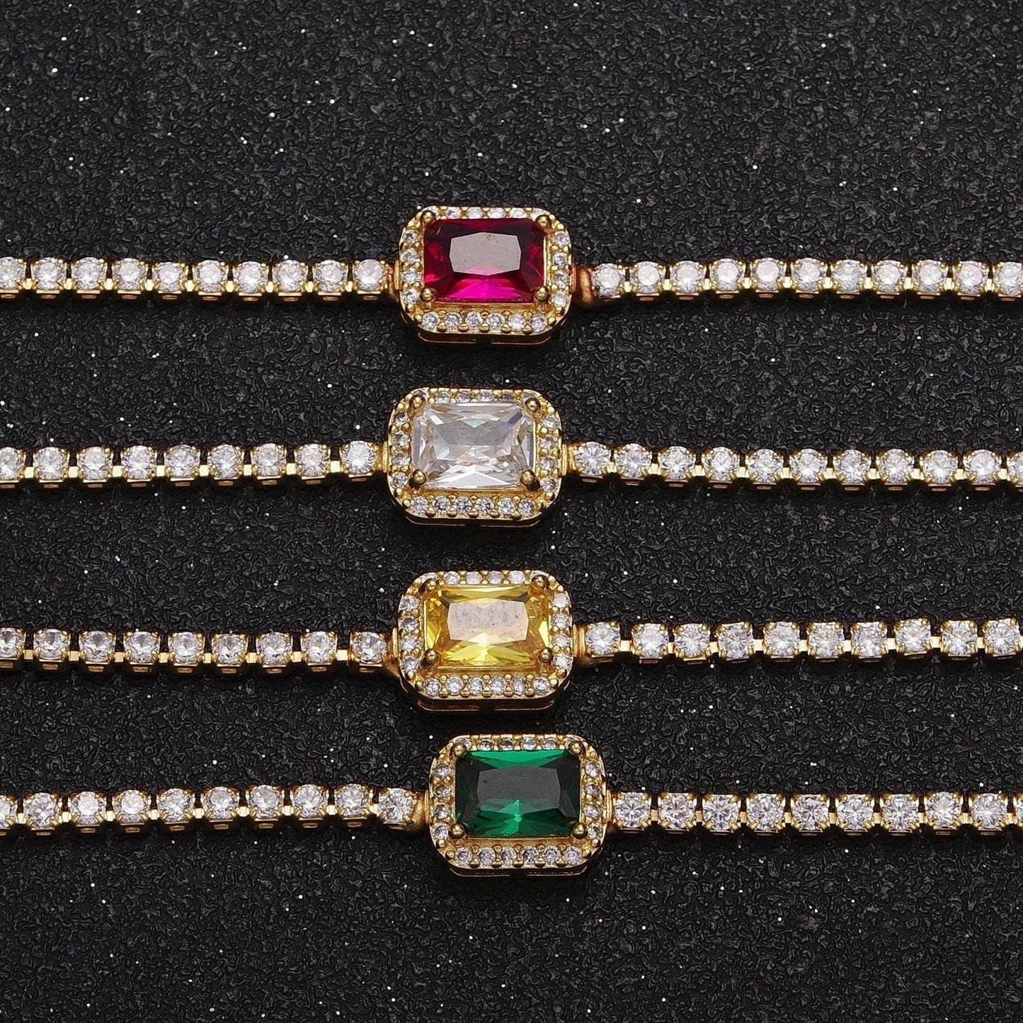 2.0mm gold tennis necklace w rectangular diamond colored cz cut, 24k gold plated 14.0"+2.0" extender tennis chain necklace | wa-1156~wa-1159