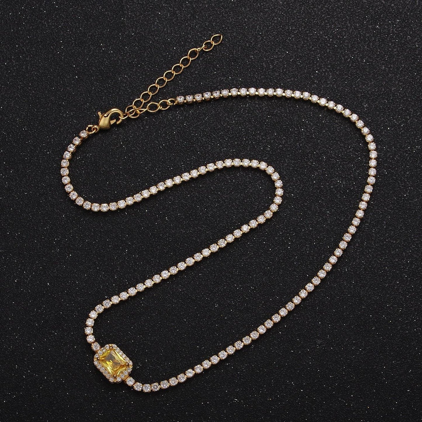2.0mm gold tennis necklace w rectangular diamond colored cz cut, 24k gold plated 14.0"+2.0" extender tennis chain necklace | wa-1156~wa-1159
