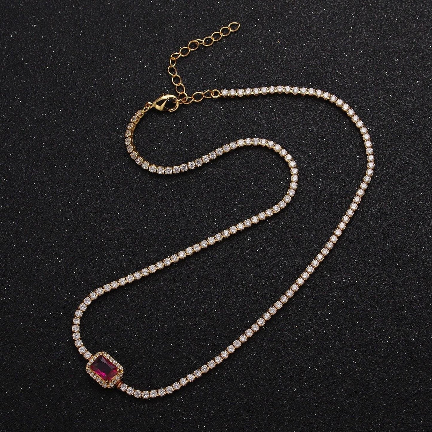 2.0mm gold tennis necklace w rectangular diamond colored cz cut, 24k gold plated 14.0"+2.0" extender tennis chain necklace | wa-1156~wa-1159