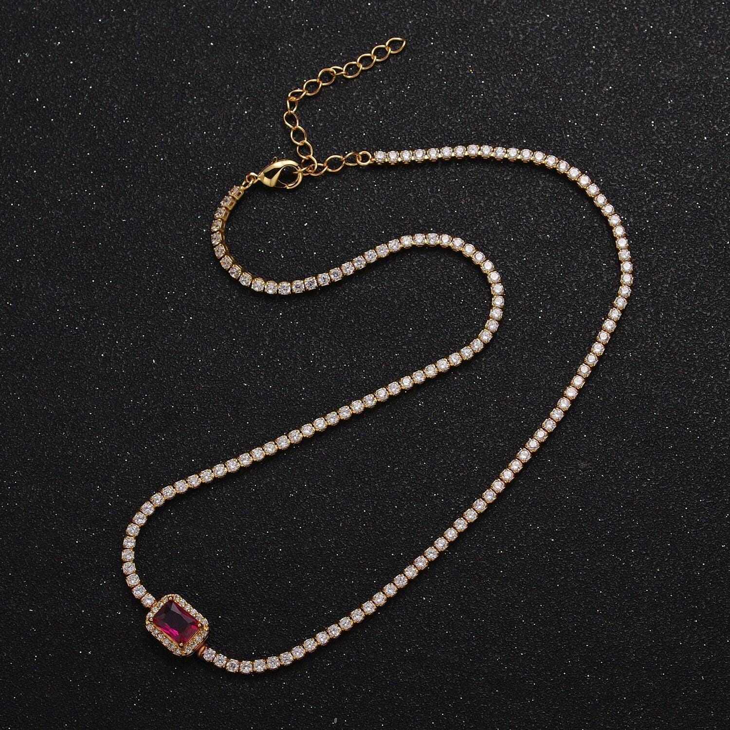 2.0mm gold tennis necklace w rectangular diamond colored cz cut, 24k gold plated 14.0"+2.0" extender tennis chain necklace | wa-1156~wa-1159