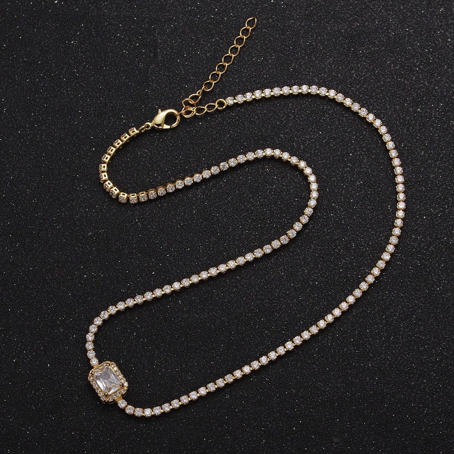 2.0mm gold tennis necklace w rectangular diamond colored cz cut, 24k gold plated 14.0"+2.0" extender tennis chain necklace | wa-1156~wa-1159