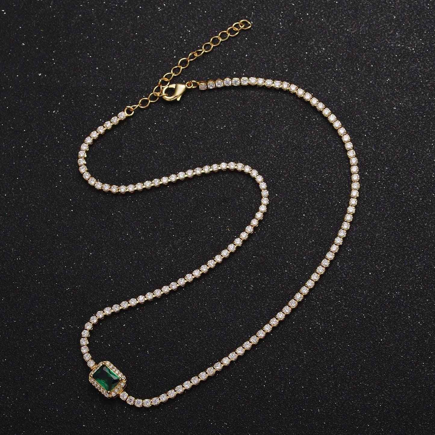 2.0mm gold tennis necklace w rectangular diamond colored cz cut, 24k gold plated 14.0"+2.0" extender tennis chain necklace | wa-1156~wa-1159