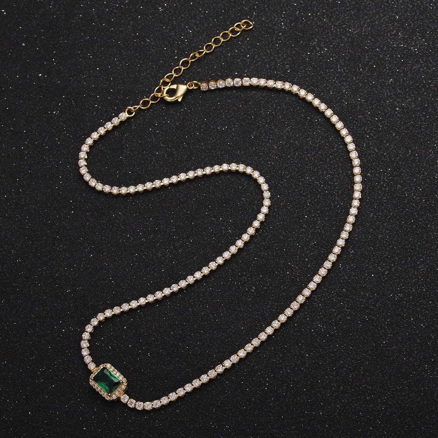 2.0mm gold tennis necklace w rectangular diamond colored cz cut, 24k gold plated 14.0"+2.0" extender tennis chain necklace | wa-1156~wa-1159