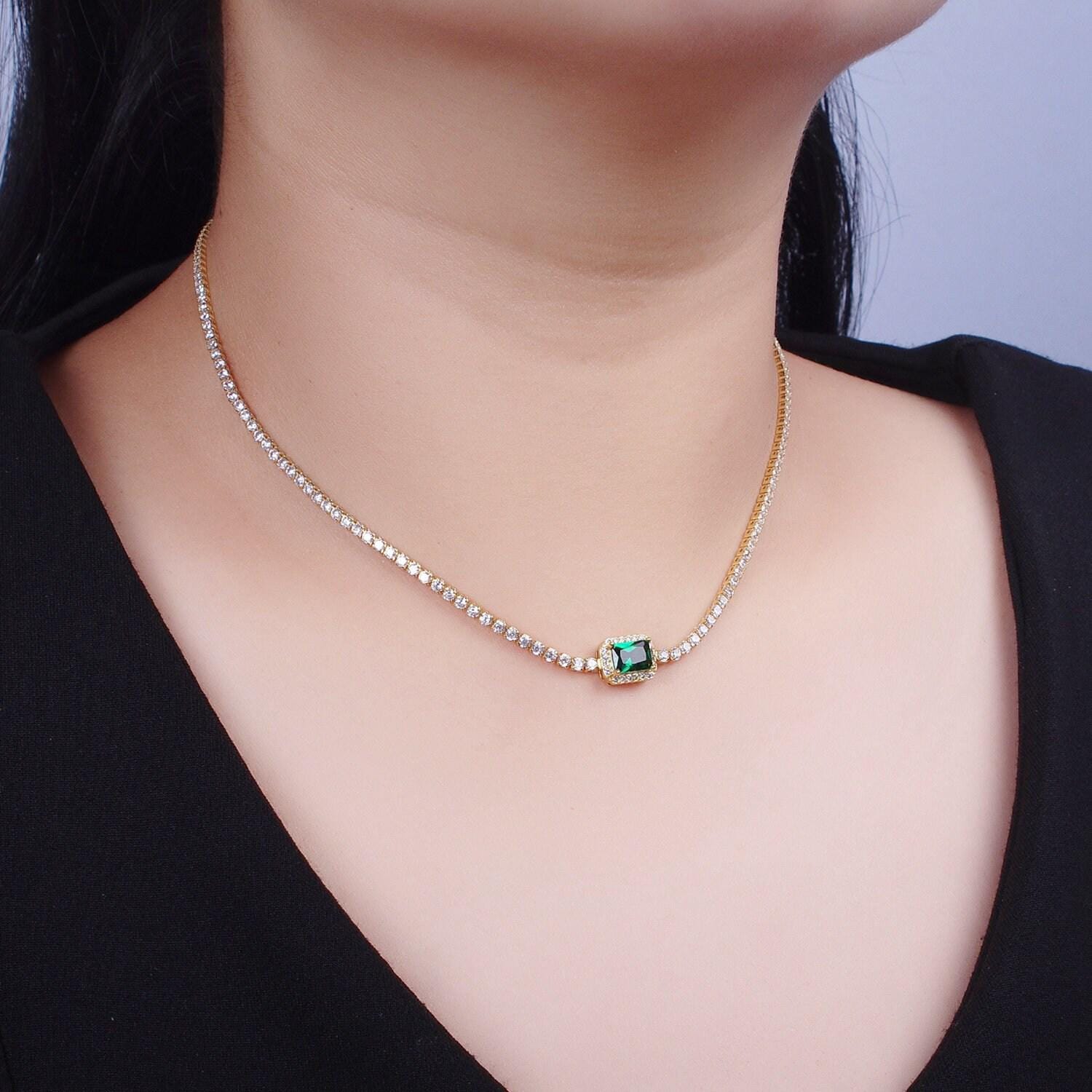 2.0mm gold tennis necklace w rectangular diamond colored cz cut, 24k gold plated 14.0"+2.0" extender tennis chain necklace | wa-1156~wa-1159