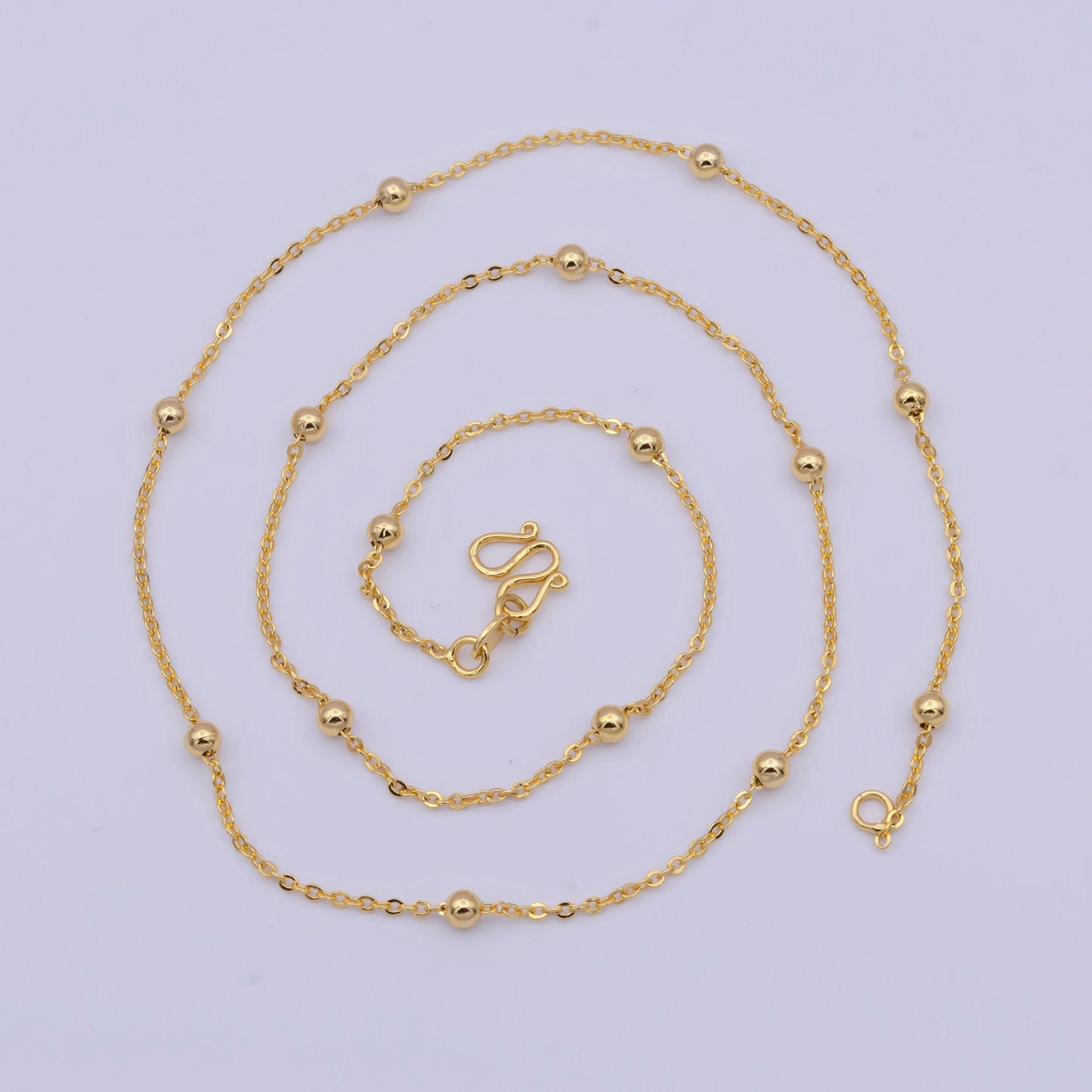 1.3mm gold satellite cable chain necklace, 24k gold plated 17.5" w. 3.0mm beads satellite cable link ready to wear necklace | wa-1131