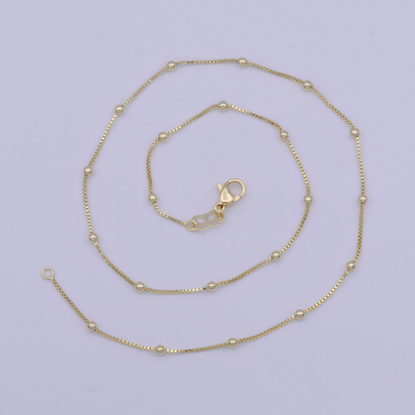 0.7mm gold satellite box chain necklace, 14k gold plated 16.0" w. 2.4mm beads satellite box link ready to wear necklace | wa-1109