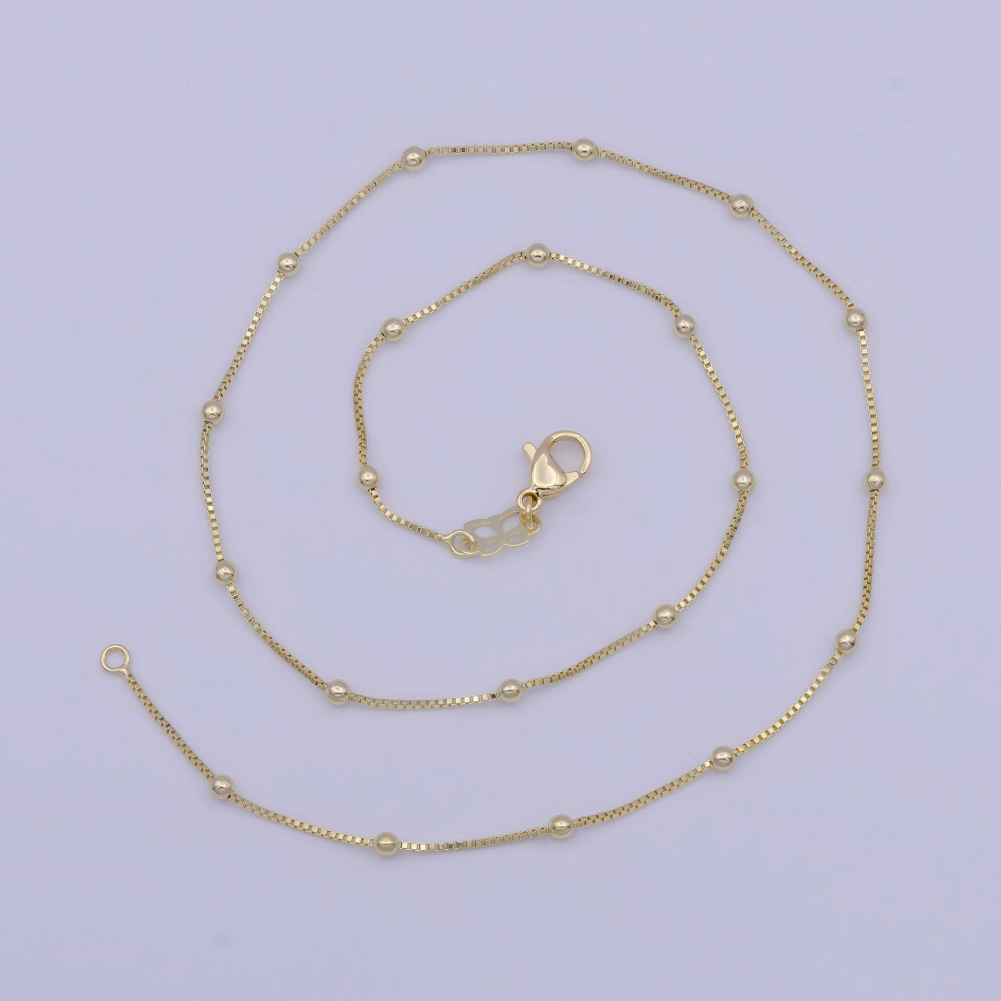 0.7mm gold satellite box chain necklace, 14k gold plated 16.0" w. 2.4mm beads satellite box link ready to wear necklace | wa-1109
