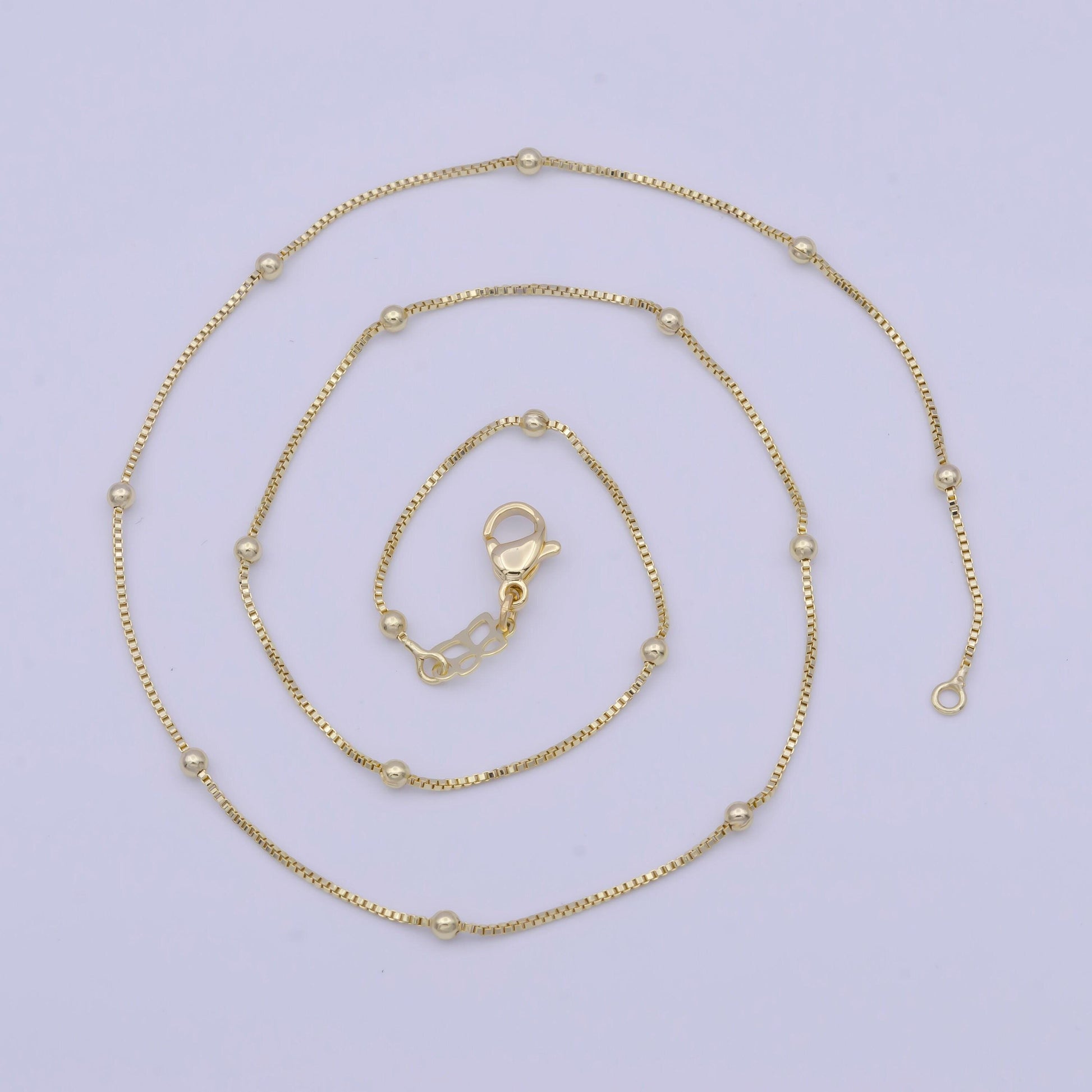 0.9mm gold satellite box chain necklace, 14k gold plated 18.0" w. 2.4mm beads satellite box link ready to wear necklace | wa-1108