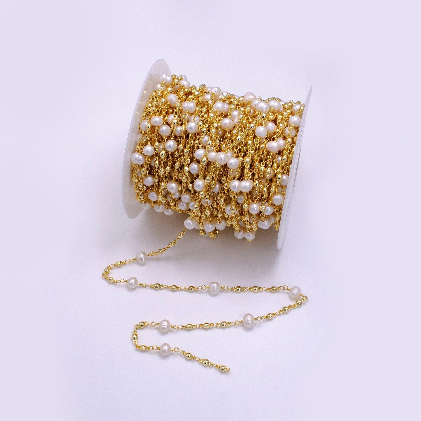 14k gold filled pearl triple bead pattern link unfinished chain | roll-1508