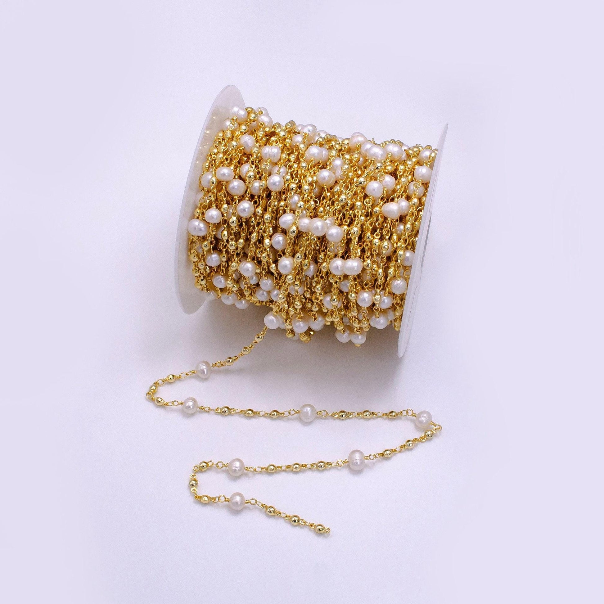 14k gold filled pearl triple bead pattern link unfinished chain | roll-1508