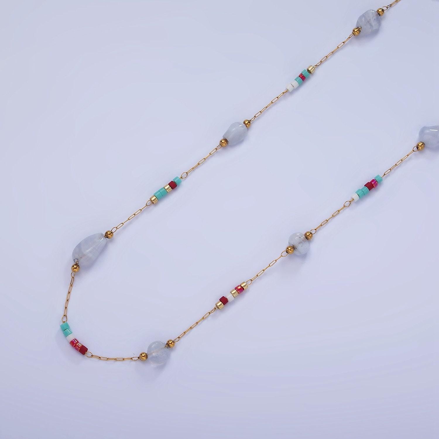 Dainty rosary chain with natural gemstone beaded by yard stainless steel in gold | roll-1498 1503