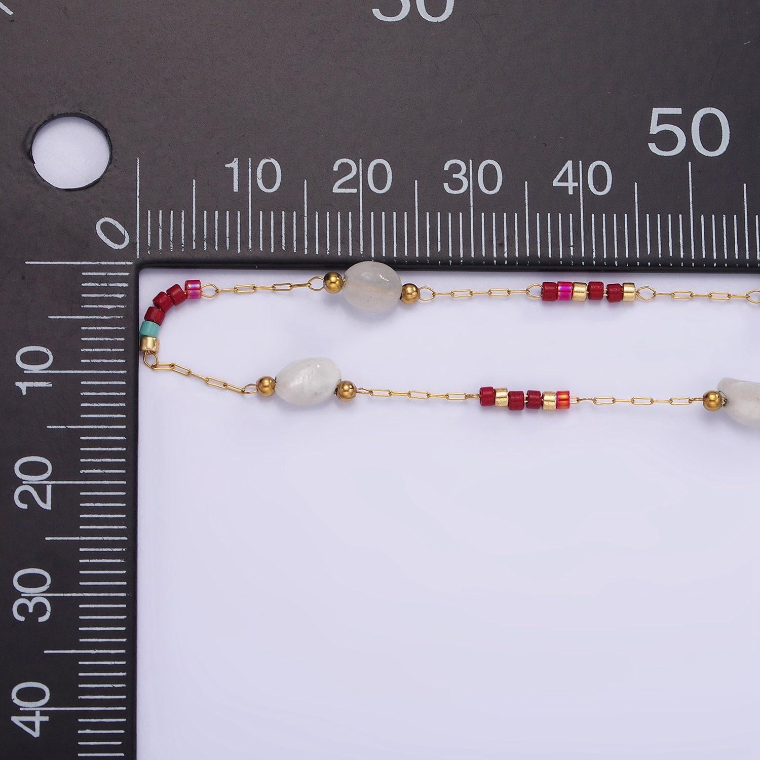 Dainty rosary chain with natural gemstone beaded by yard stainless steel in gold | roll-1498 1503