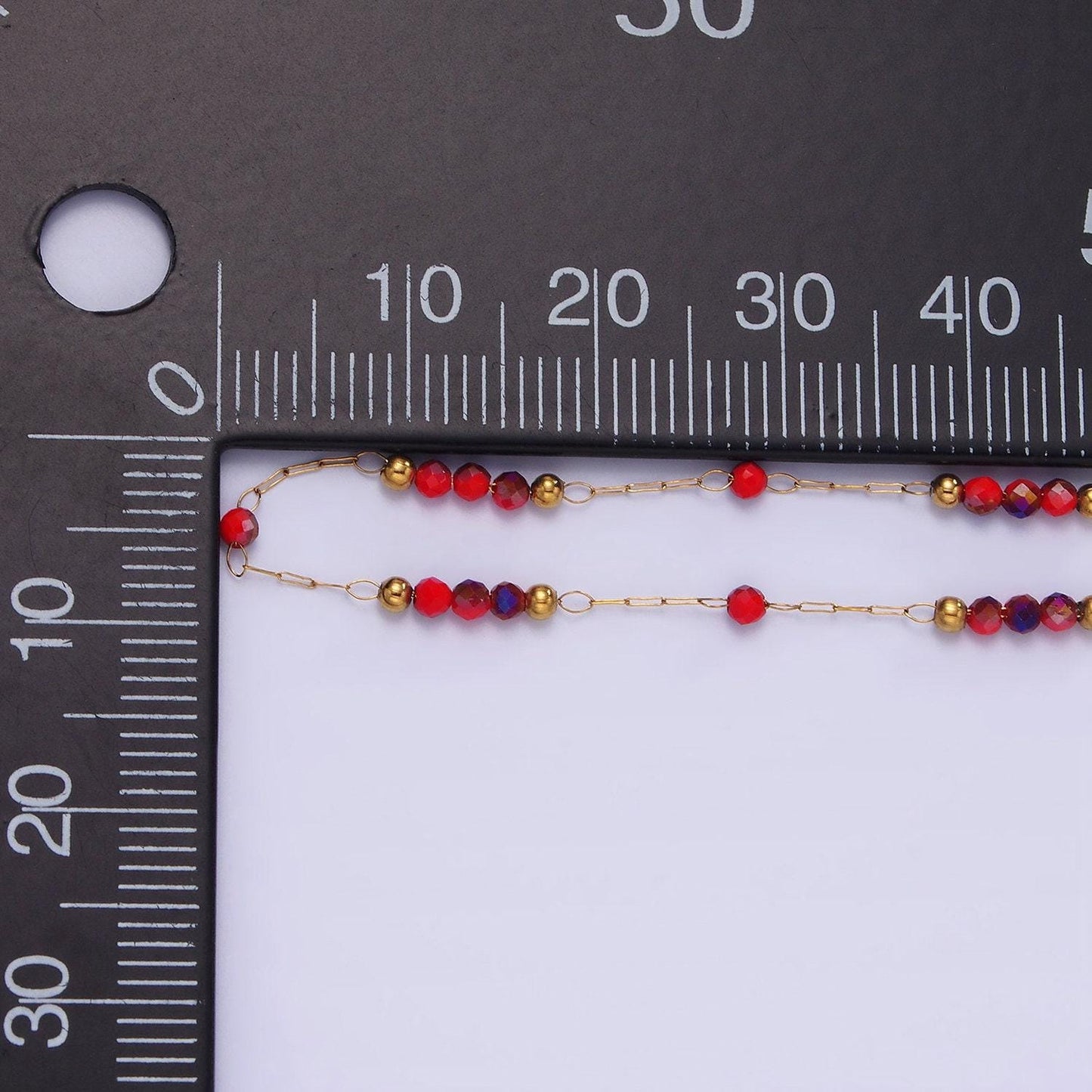 Dainty gold red beaded chain for jewelry making gold satellite crystal bead chain by yard | roll-1496 roll-1497