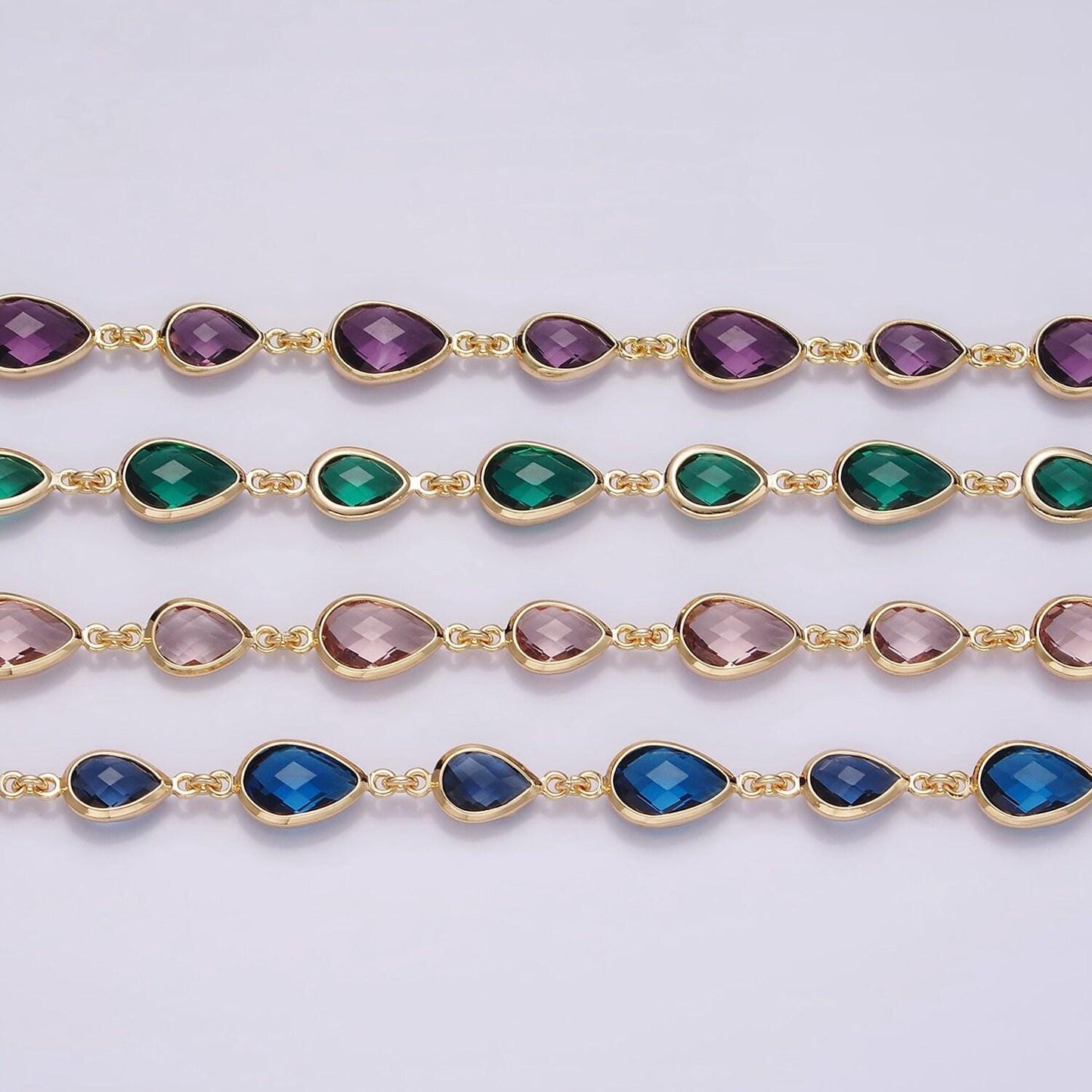 18k gold filled brown, purple, blue, green cz multifaceted teardrop designed unfinished chain | roll-1430 ~ roll-1433