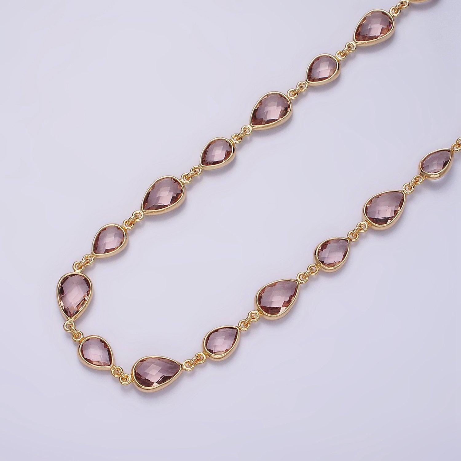 18k gold filled brown, purple, blue, green cz multifaceted teardrop designed unfinished chain | roll-1430 ~ roll-1433