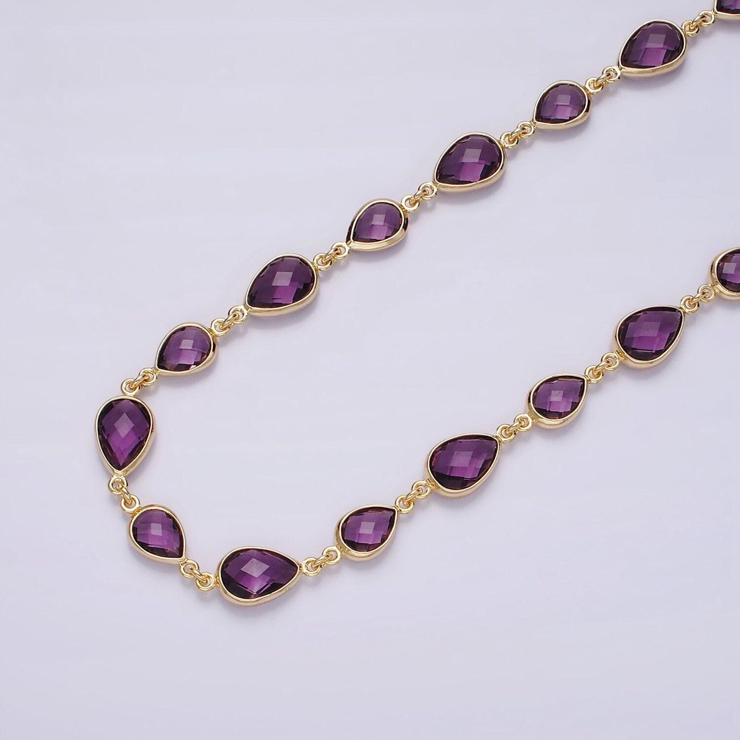 18k gold filled brown, purple, blue, green cz multifaceted teardrop designed unfinished chain | roll-1430 ~ roll-1433