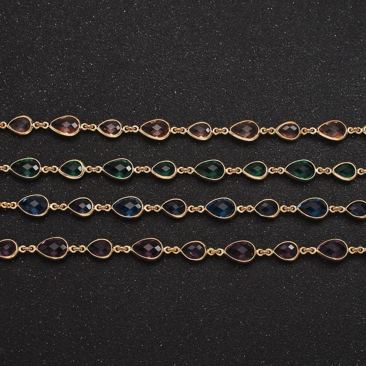 18k gold filled brown, purple, blue, green cz multifaceted teardrop designed unfinished chain | roll-1430 ~ roll-1433