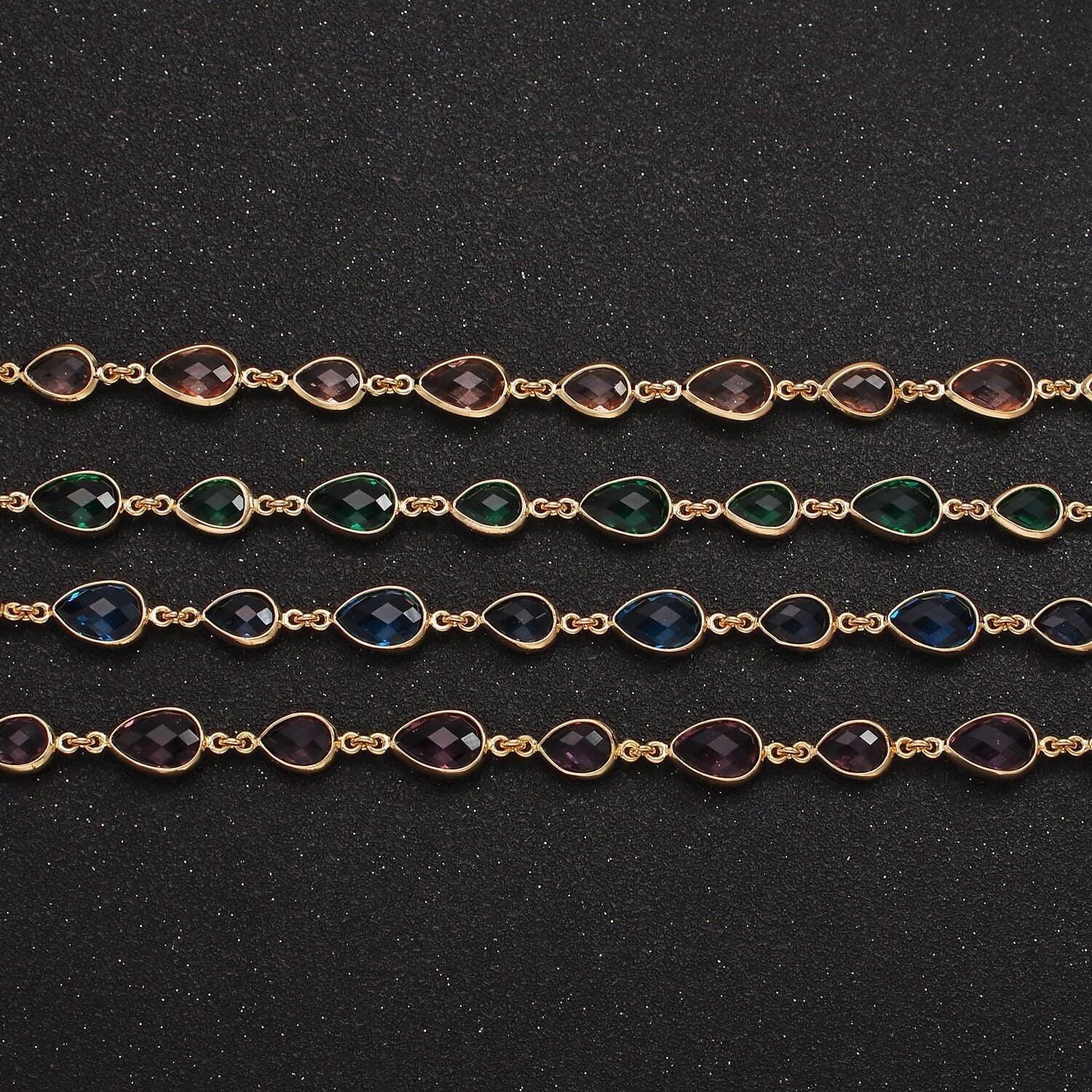 18k gold filled brown, purple, blue, green cz multifaceted teardrop designed unfinished chain | roll-1430 ~ roll-1433