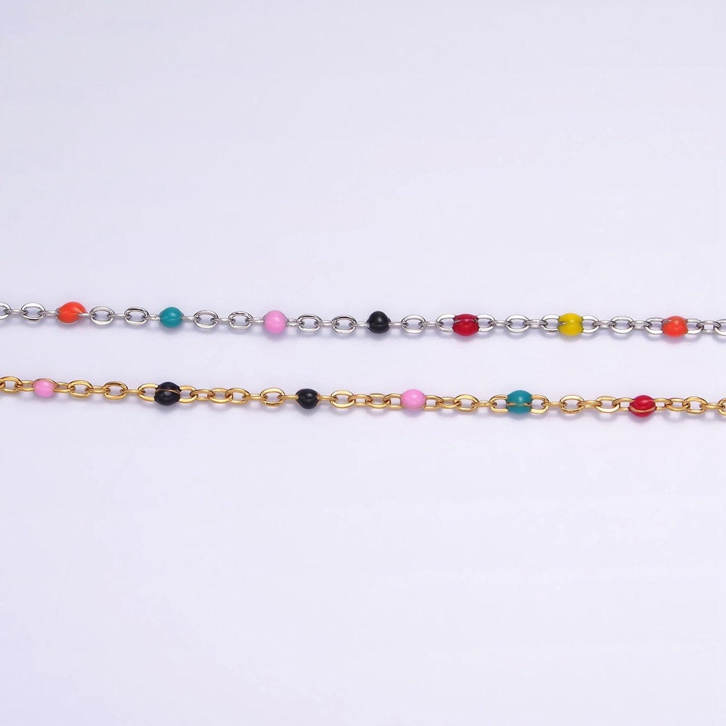 Dainty stainless steel enamel ball chain satellite bead cable chain silver gold rainbow multi color chain bulk chain by yard | roll-1427