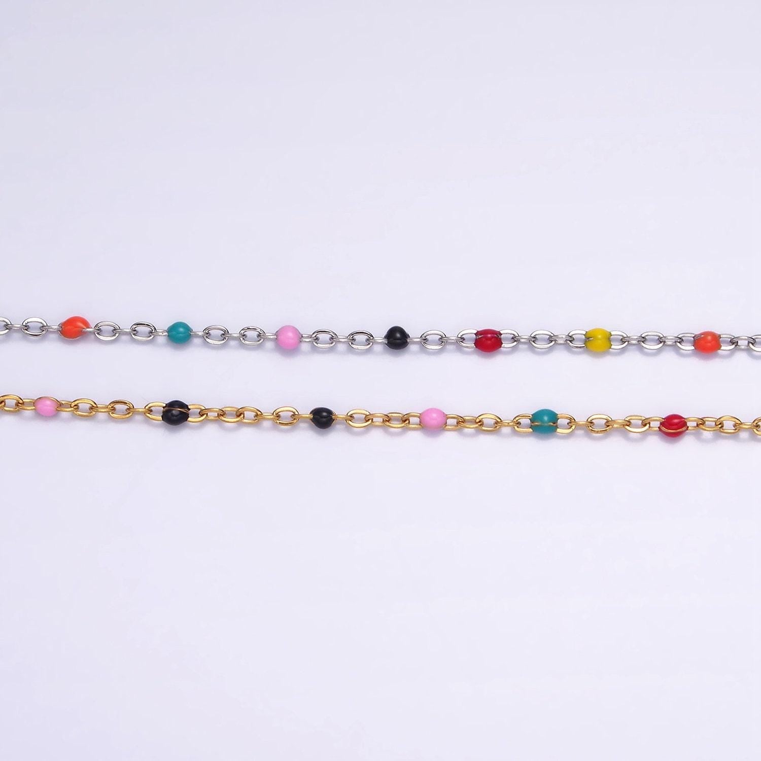 Dainty stainless steel enamel ball chain satellite bead cable chain silver gold rainbow multi color chain bulk chain by yard | roll-1427