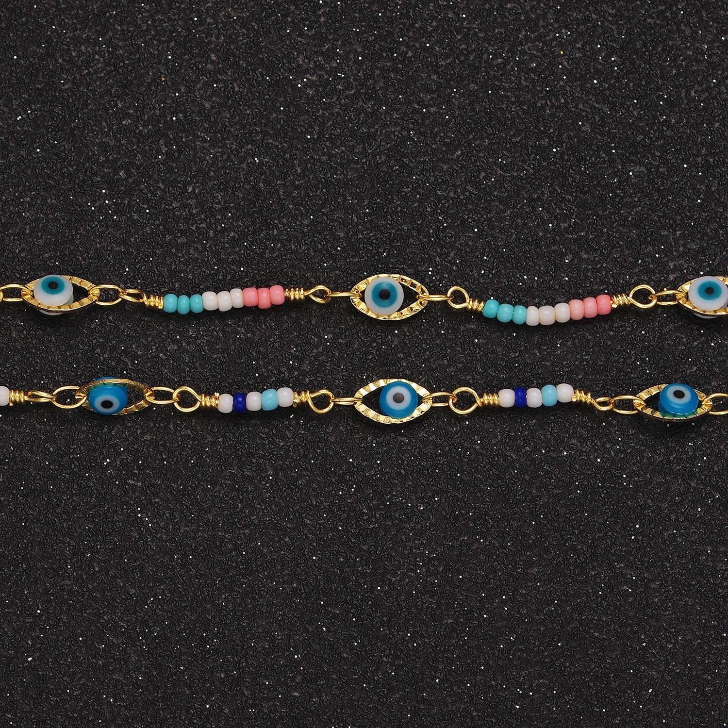 Dainty evil eye chain marque shape bead enamel chain by yard colorful beaded unfinished chain | roll-1417 roll-1418