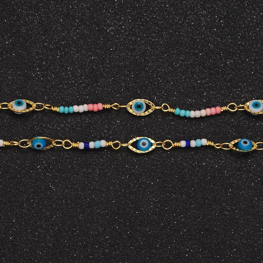 Dainty evil eye chain marque shape bead enamel chain by yard colorful beaded unfinished chain | roll-1417 roll-1418