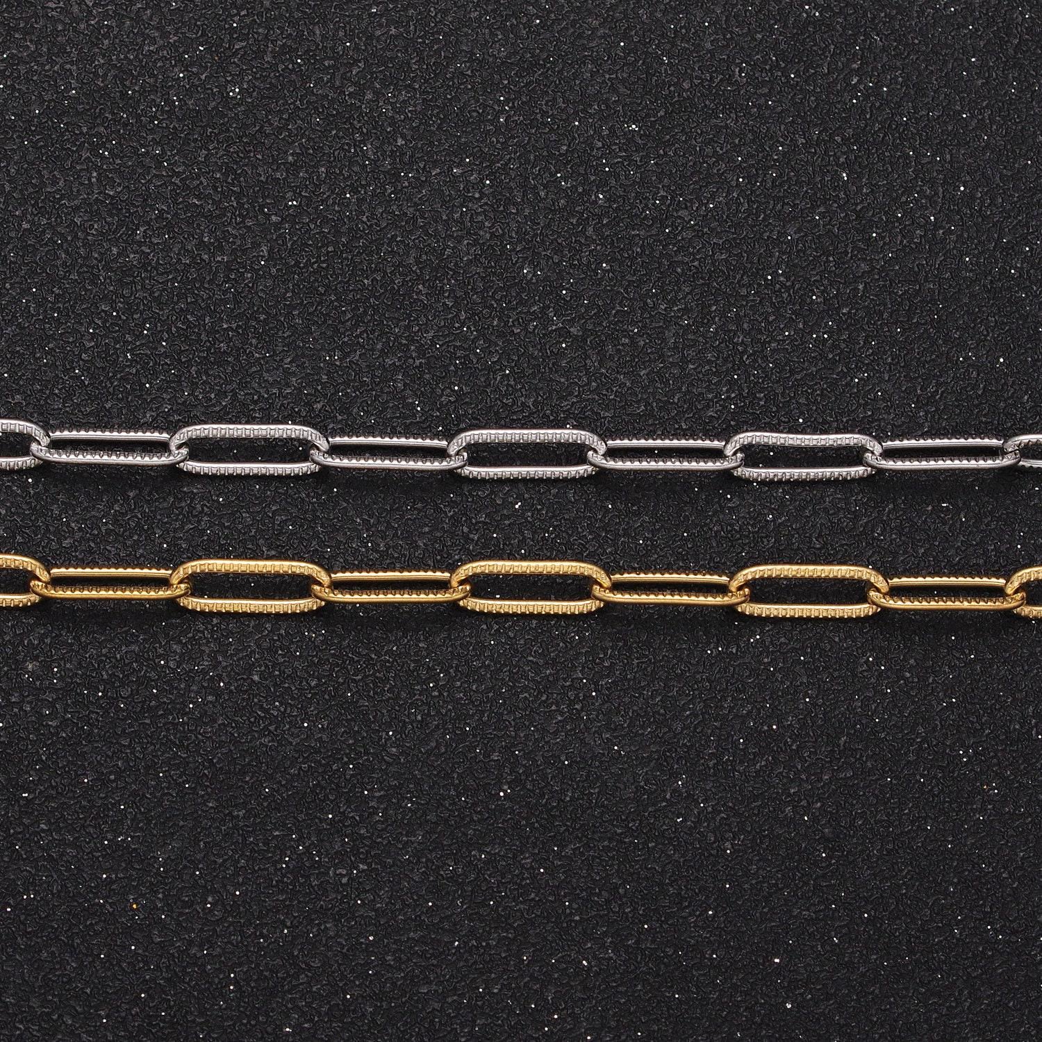 Stainless steel textured paper clip link chain by yard unfinished chain 4x12mm elongated link in gold & silver tarnish free roll 1348