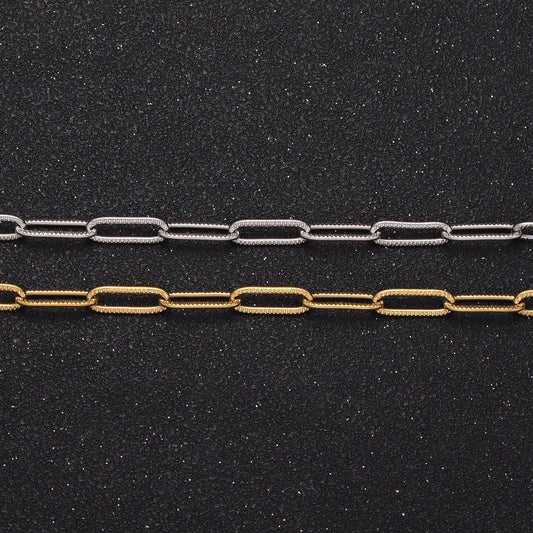 Stainless steel textured paper clip link chain by yard unfinished chain 4x12mm elongated link in gold & silver tarnish free roll 1348