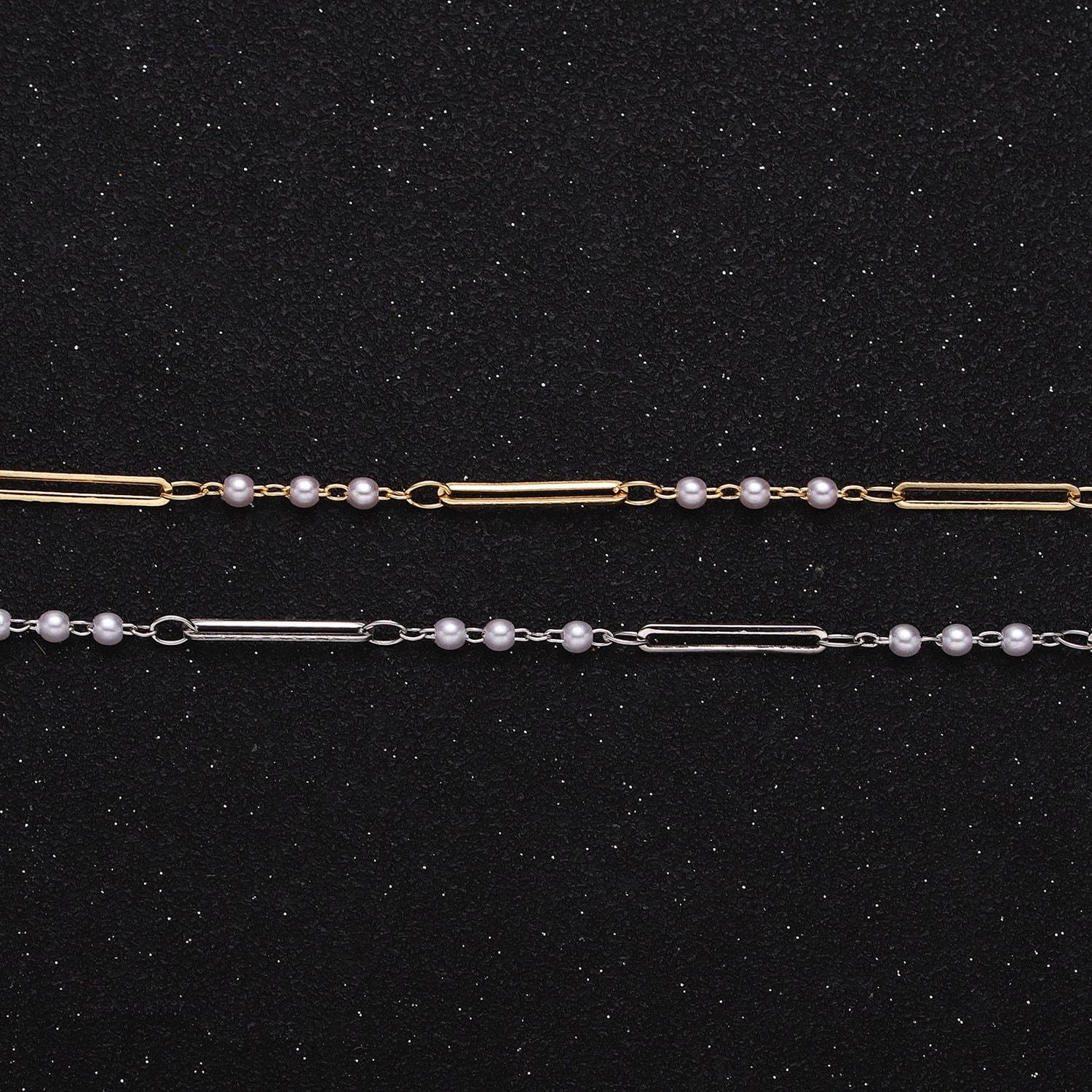 Dainty 16k gold filled 2.5mm designed triple pearl paperclip link unfinished chain in gold & silver | roll-1335 roll-1336