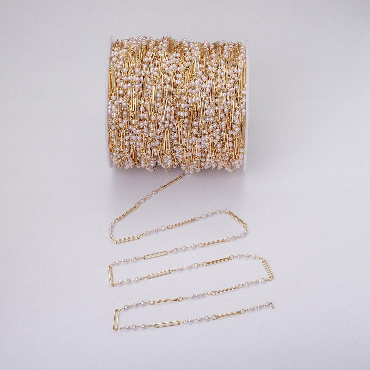 Dainty 16k gold filled 2.5mm designed triple pearl paperclip link unfinished chain in gold & silver | roll-1335 roll-1336