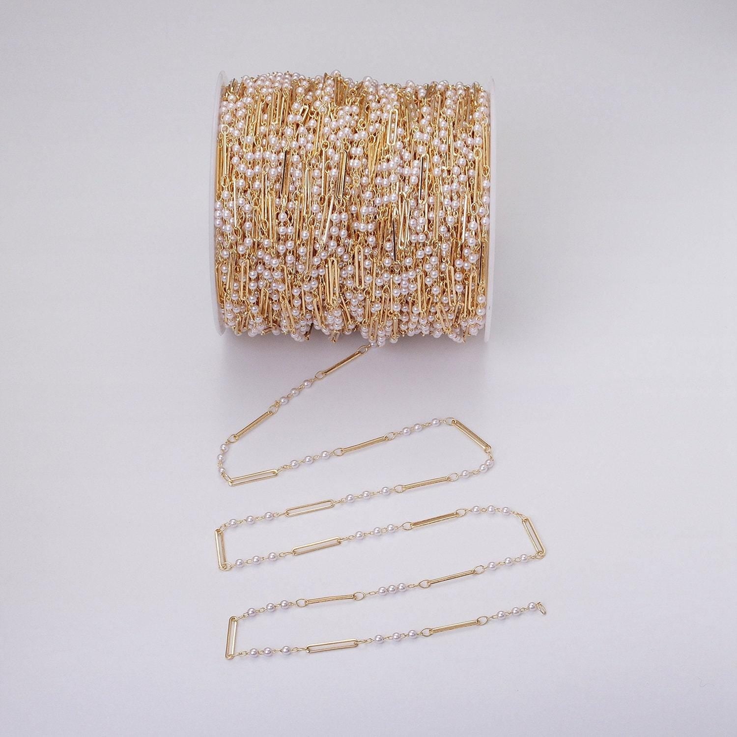 Dainty 16k gold filled 2.5mm designed triple pearl paperclip link unfinished chain in gold & silver | roll-1335 roll-1336