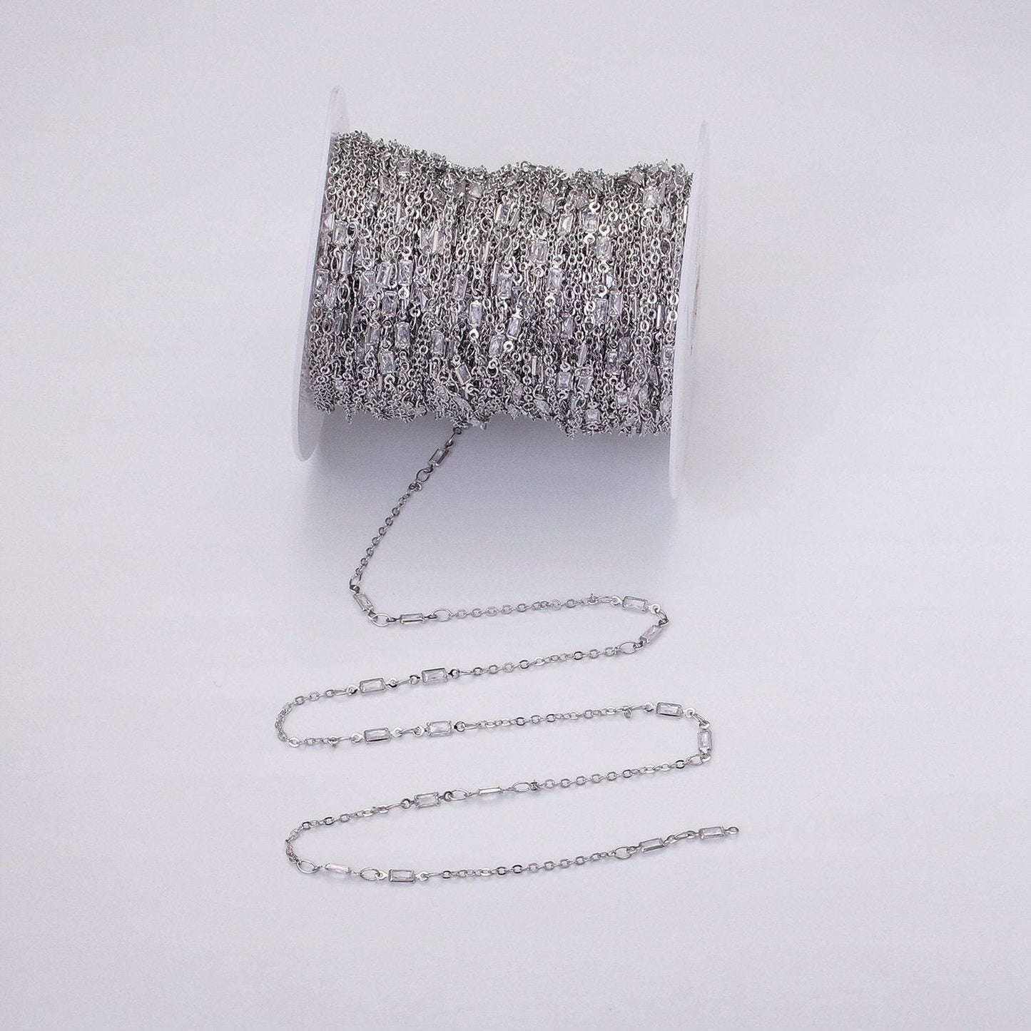 Fine chain 16k gold filled 2.5mm cz double clear baguette cable link unfinished chain in gold & silver | roll-1333 roll-1334