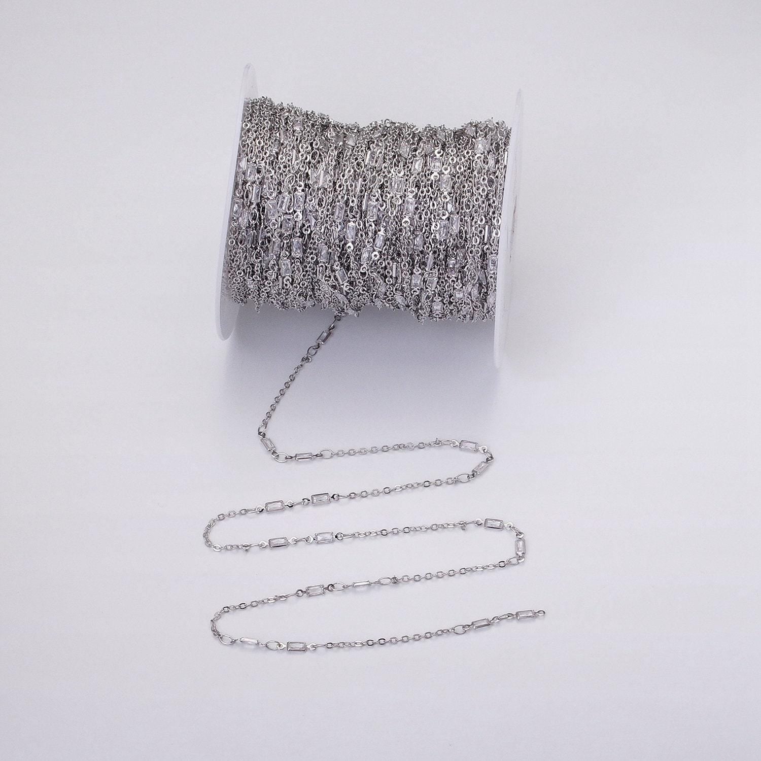 Fine chain 16k gold filled 2.5mm cz double clear baguette cable link unfinished chain in gold & silver | roll-1333 roll-1334
