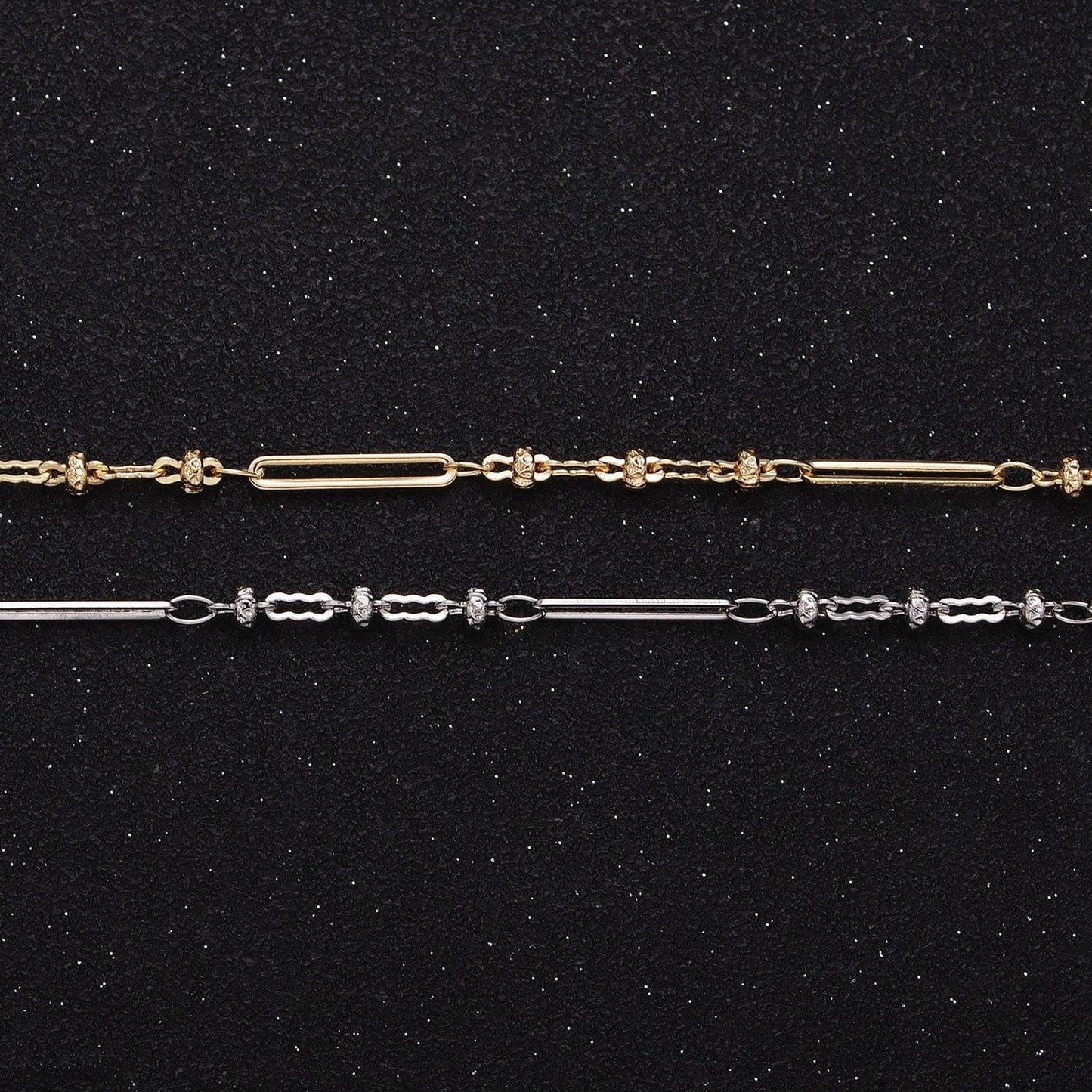 Fine chain 16k gold filled 2.5mm designed triple satellite rondel paperclip link unfinished chain in gold & silver | roll-1331 roll-1332