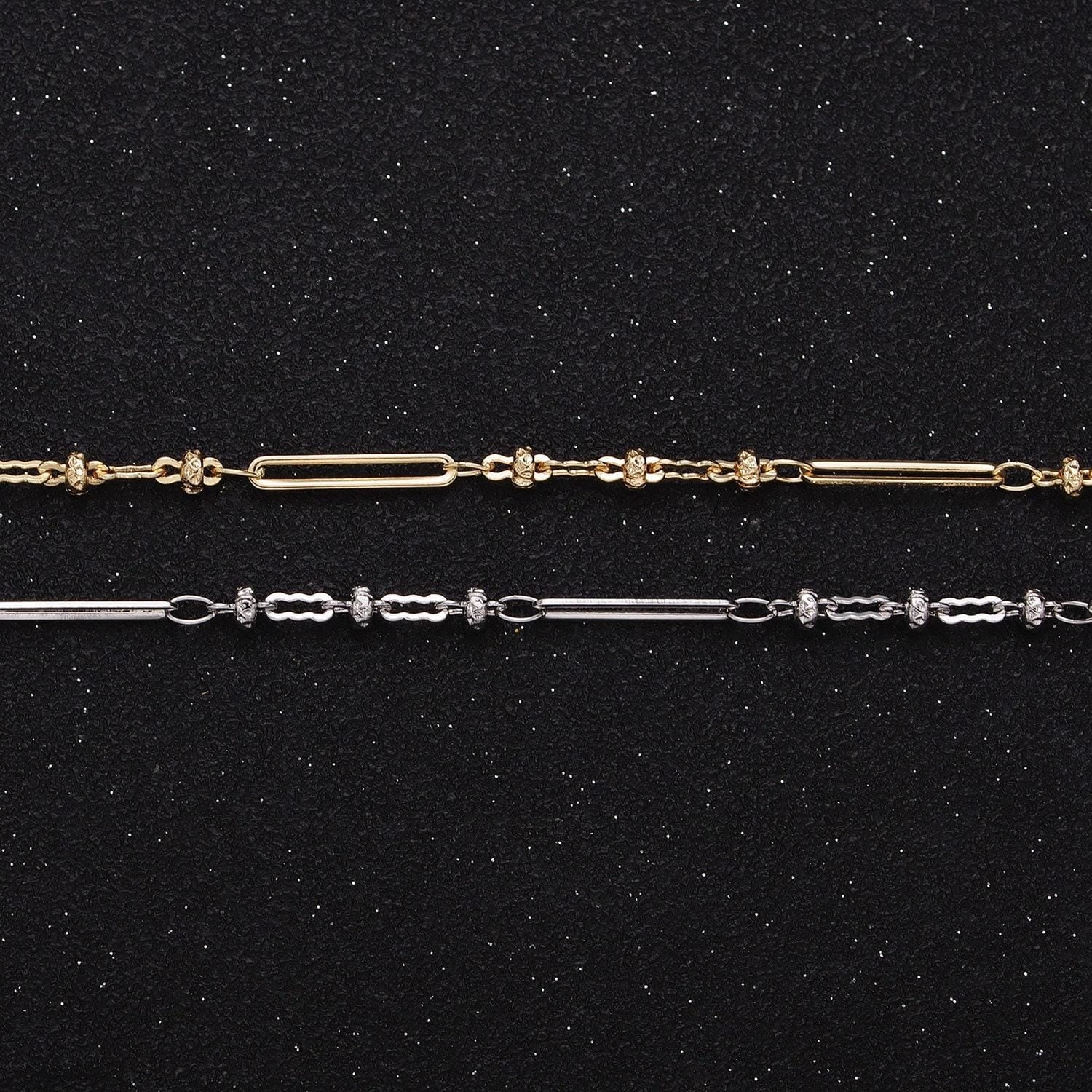 Fine chain 16k gold filled 2.5mm designed triple satellite rondel paperclip link unfinished chain in gold & silver | roll-1331 roll-1332