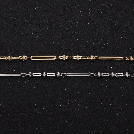 Fine chain 16k gold filled 2.5mm designed triple satellite rondel paperclip link unfinished chain in gold & silver | roll-1331 roll-1332