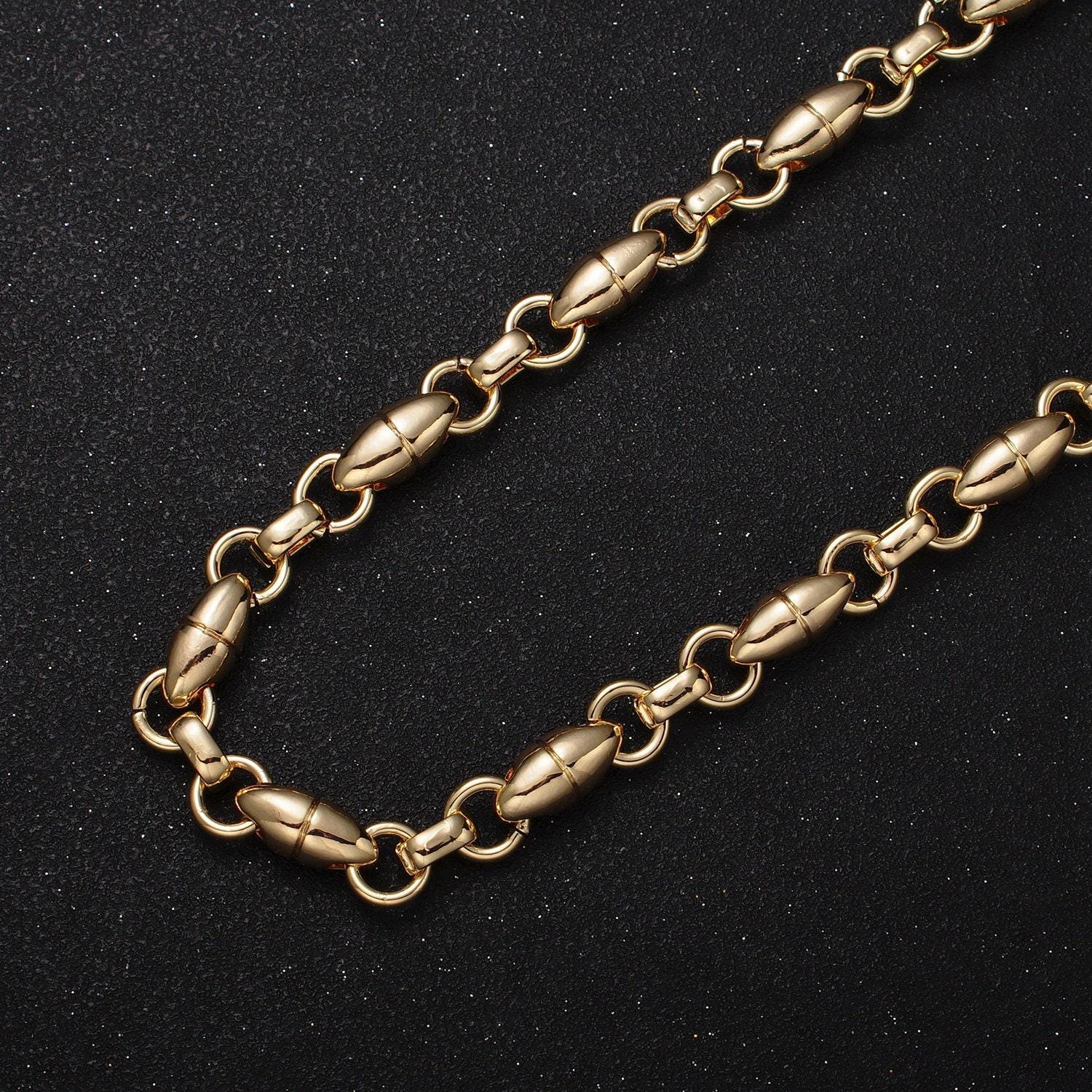 16k gold filled designed oval pill rolo link unfinished jewelry making statement chain by yard in gold & silver | roll-1167 roll-1168
