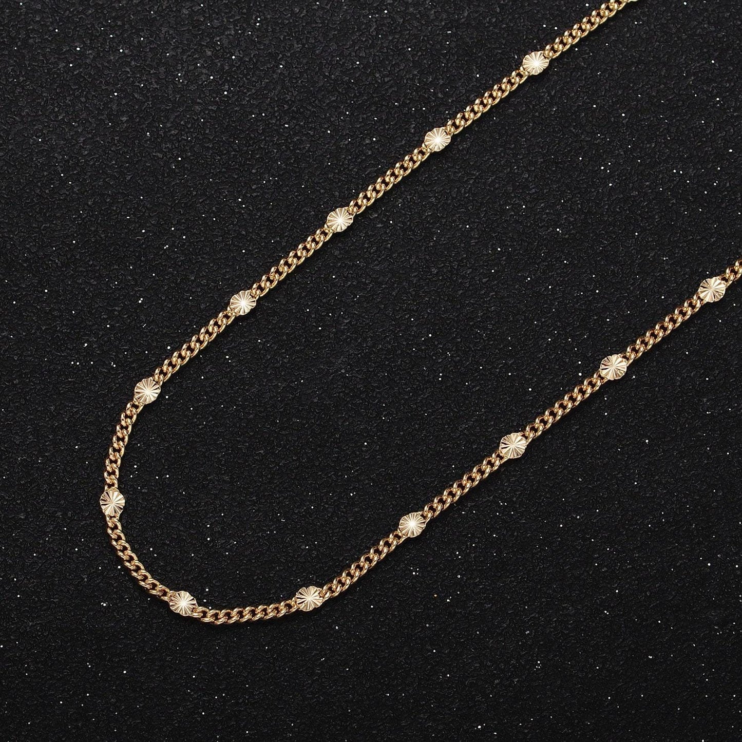Dainty 24k gold filled 2mm curb sun burst textured link unfinished gold, silver chain by yard for diy jewelry making | roll-1030, roll-1093