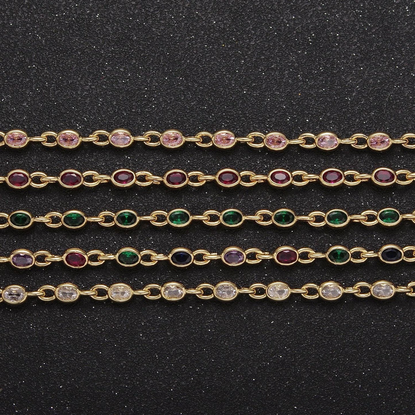 4.0mm 24k gold filled oval bezel link unsoldered cut cubic zirconia cz chain by yard bulk wholesale | roll-754, -755, -756, -859