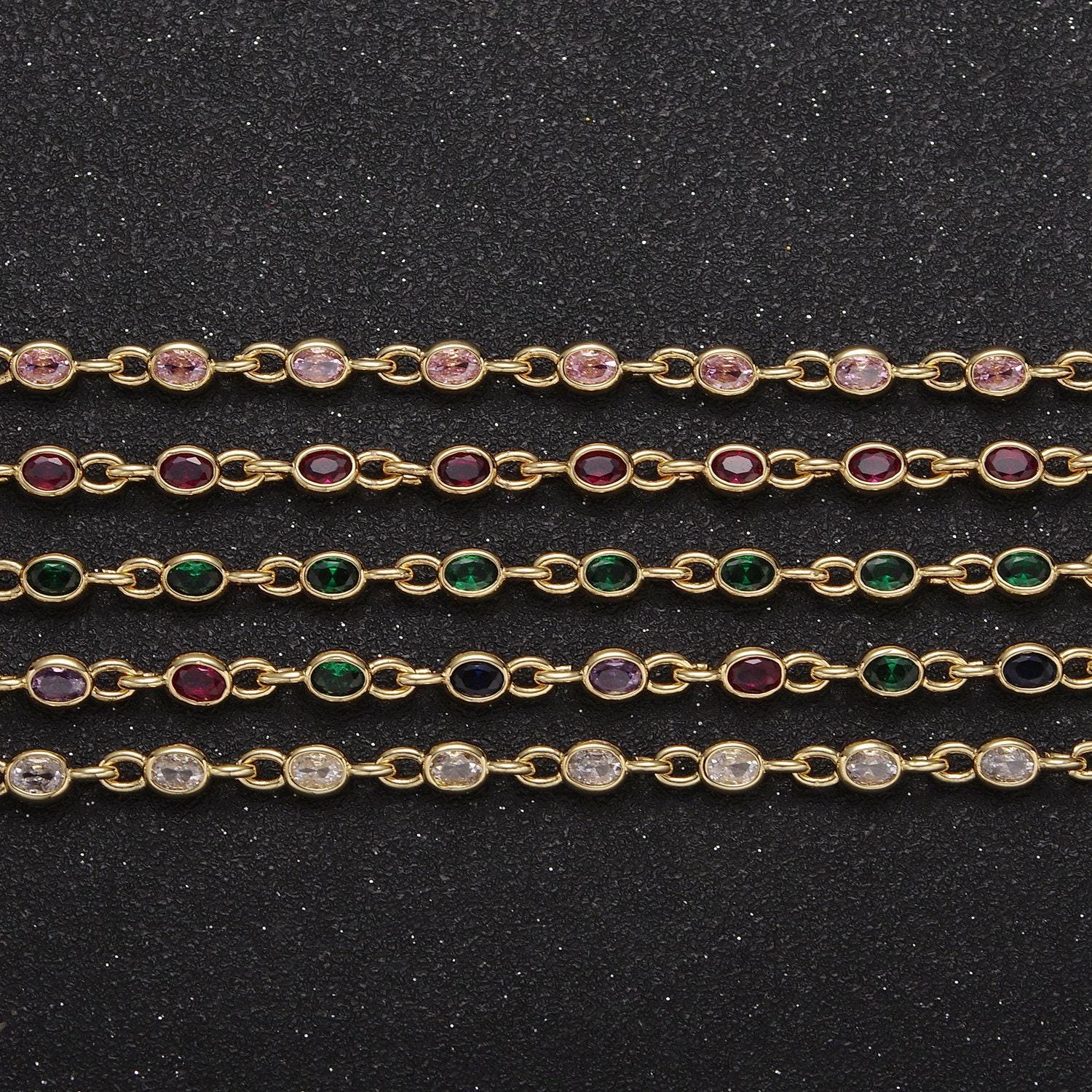 4.0mm 24k gold filled oval bezel link unsoldered cut cubic zirconia cz chain by yard bulk wholesale | roll-754, -755, -756, -859