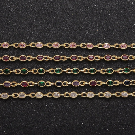 4.0mm 24k gold filled oval bezel link unsoldered cut cubic zirconia cz chain by yard bulk wholesale | roll-754, -755, -756, -859