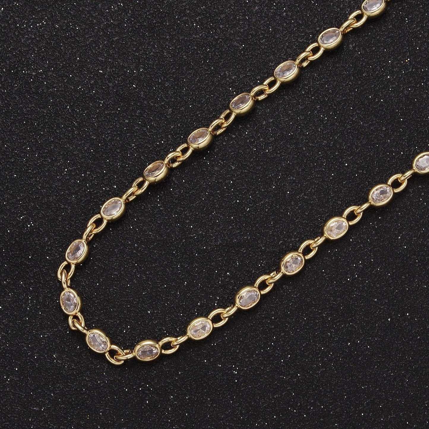 4.0mm 24k gold filled oval bezel link unsoldered cut cubic zirconia cz chain by yard bulk wholesale | roll-754, -755, -756, -859