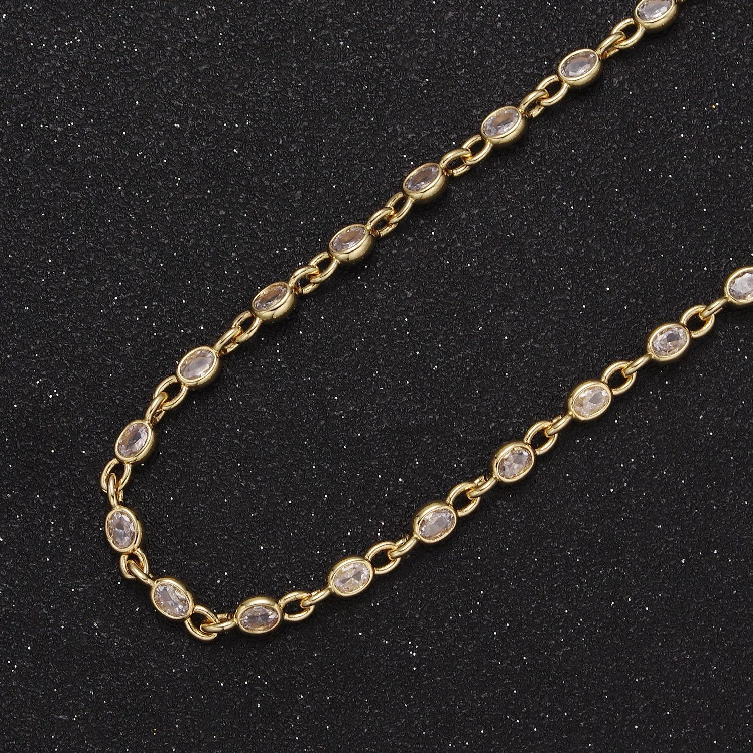 4.0mm 24k gold filled oval bezel link unsoldered cut cubic zirconia cz chain by yard bulk wholesale | roll-754, -755, -756, -859