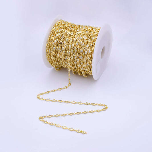24k gold cz dainty heart anchor chain by yard, wholesale gold anchor chain cz heart bezel cut chain for jewelry making | roll-790