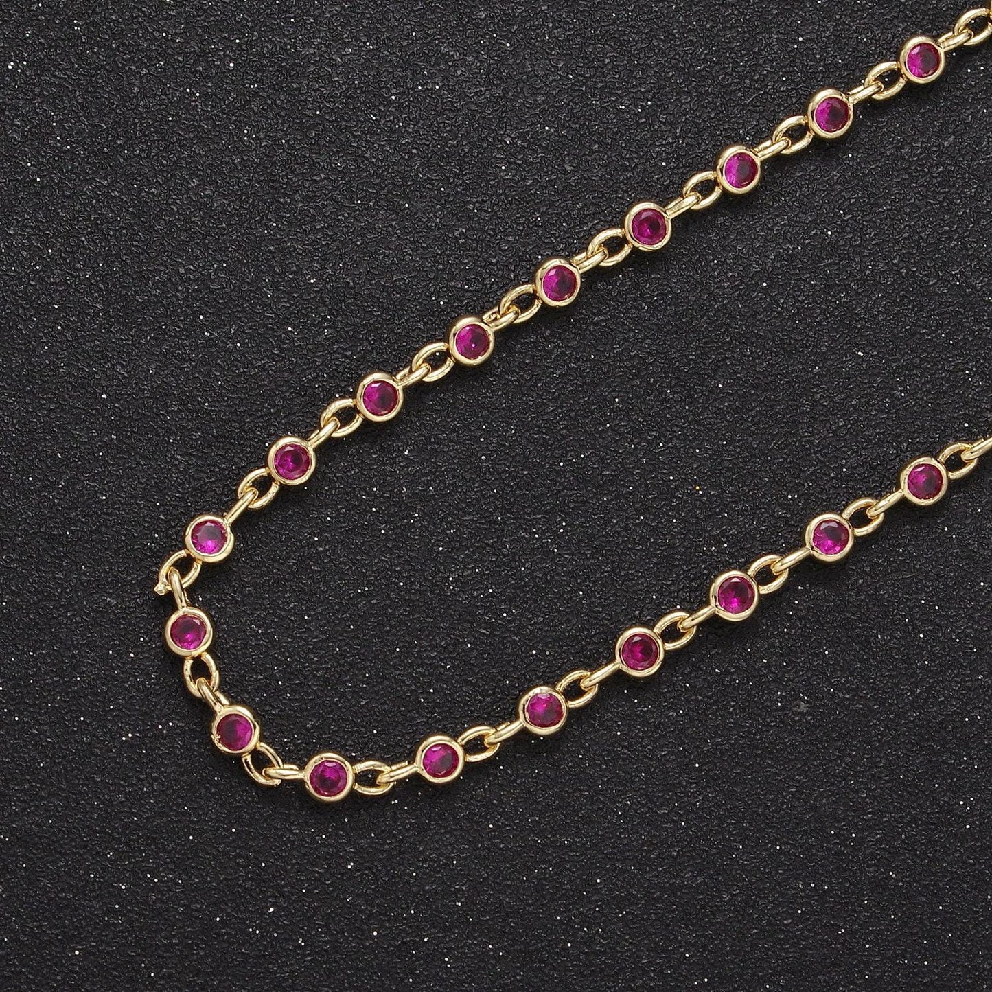 4.0mm fuchsia round cut bezel chain by yard, 24k gold filled station necklace cz diamond by yard for necklace jewelry making | roll-775