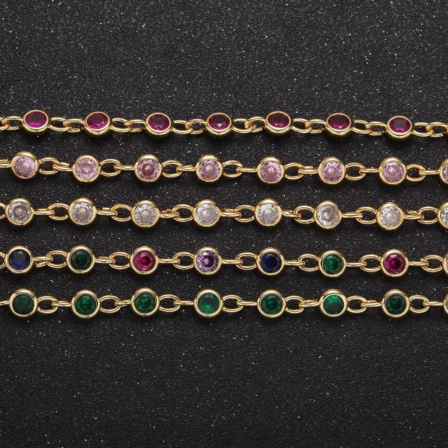 5mm round bezel unsoldered cut cubic zirconia cz beaded chain by yard gold filled bezel connector | roll-743, -744, -745, -746, -772