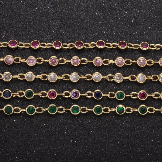 5mm round bezel unsoldered cut cubic zirconia cz beaded chain by yard gold filled bezel connector | roll-743, -744, -745, -746, -772