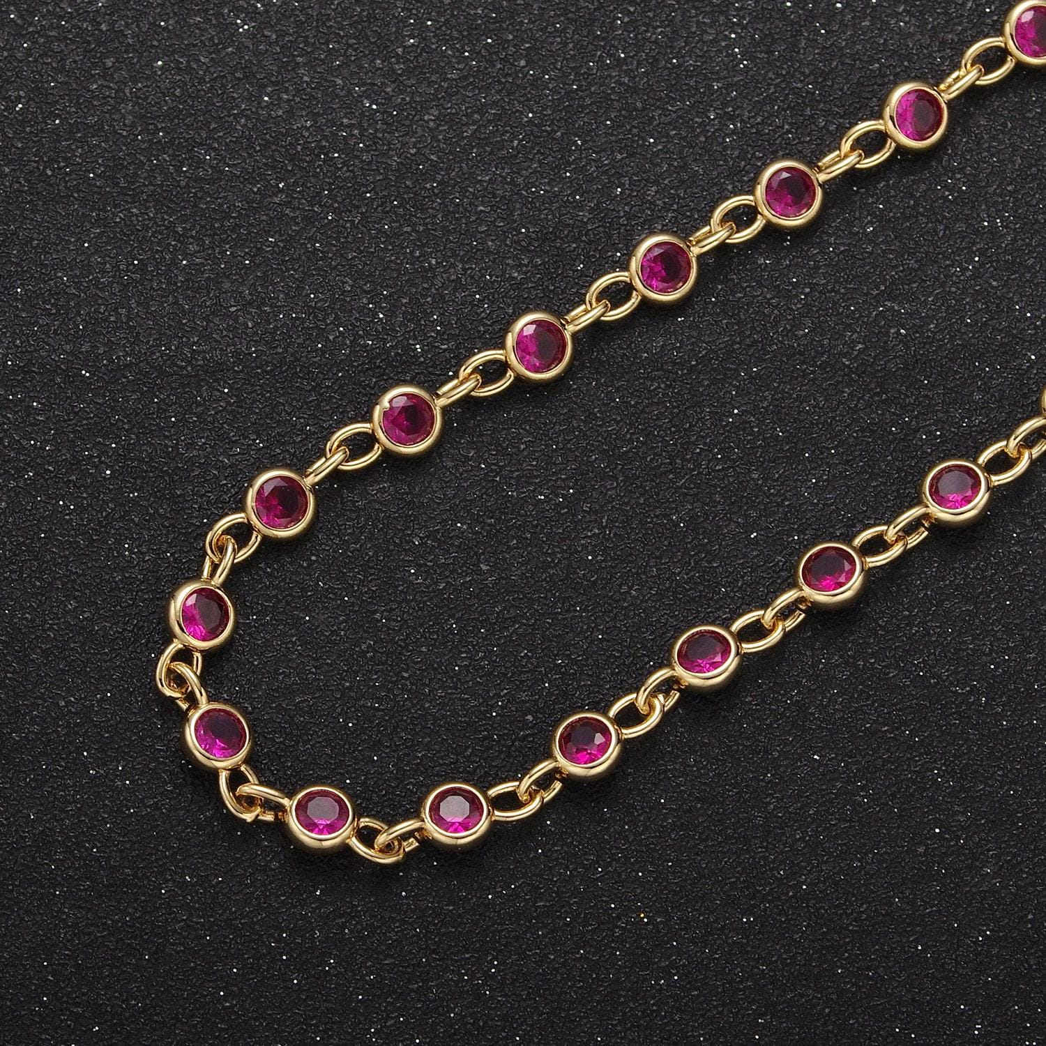 5mm round bezel unsoldered cut cubic zirconia cz beaded chain by yard gold filled bezel connector | roll-743, -744, -745, -746, -772