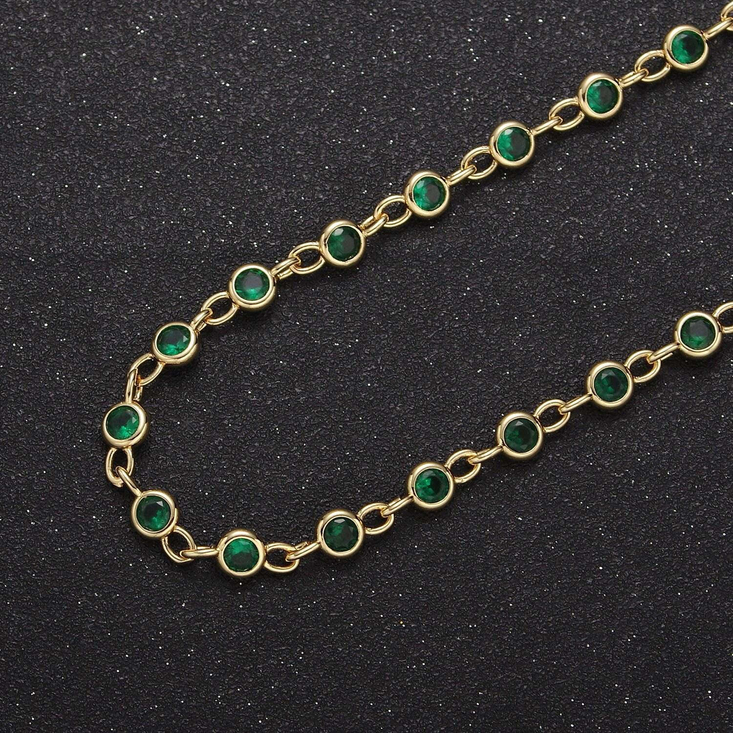 5mm round bezel unsoldered cut cubic zirconia cz beaded chain by yard gold filled bezel connector | roll-743, -744, -745, -746, -772